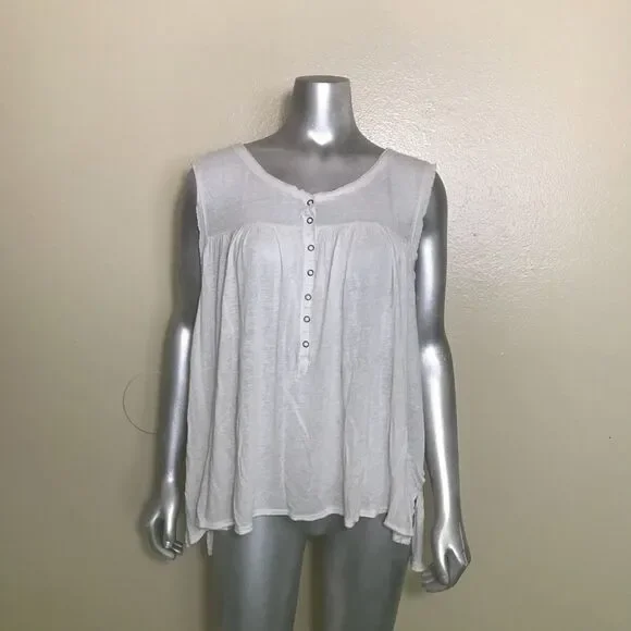 Free People Hudson Tank White Snap Front Sleeveless Boho Raw Hem Medium - Picture 4 of 6